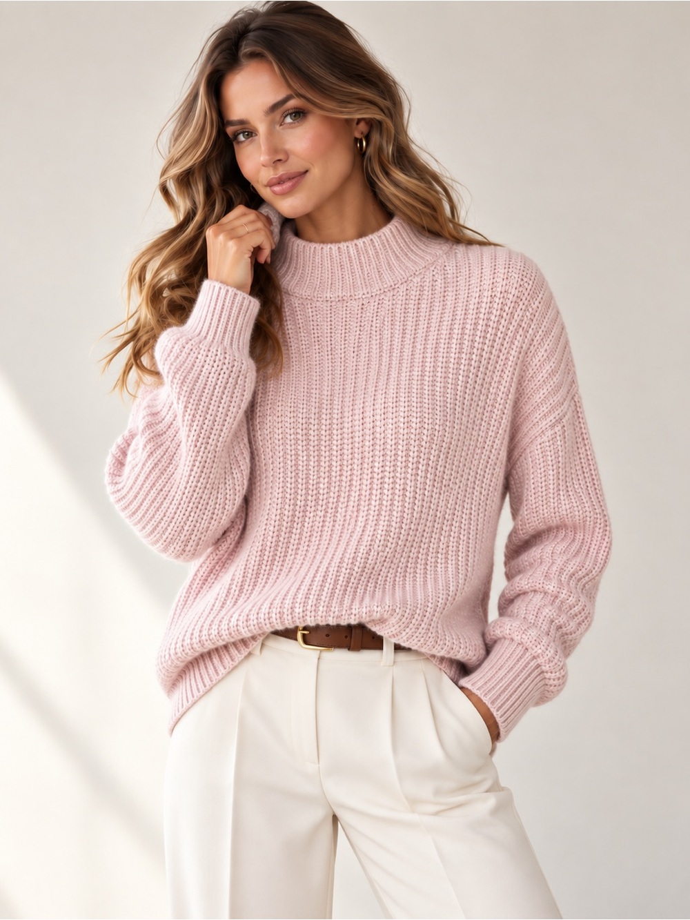 French Connection Lilac Chunky Knit Oversized Mockneck Preppy Classic Cozy